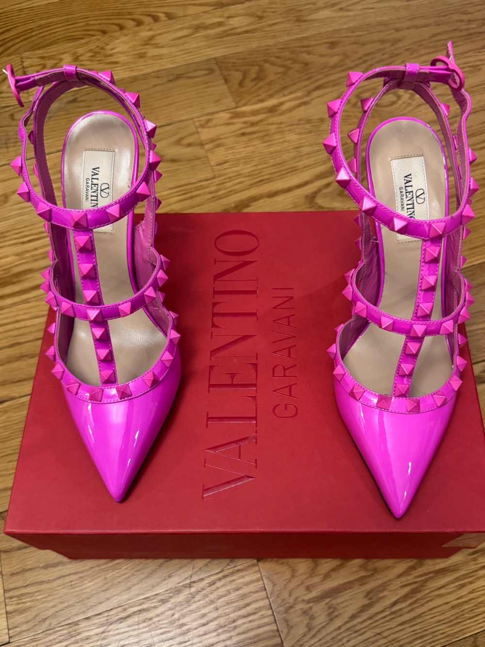 Valentino Hot Pink Patent Rockstud T-Strap Pumps
